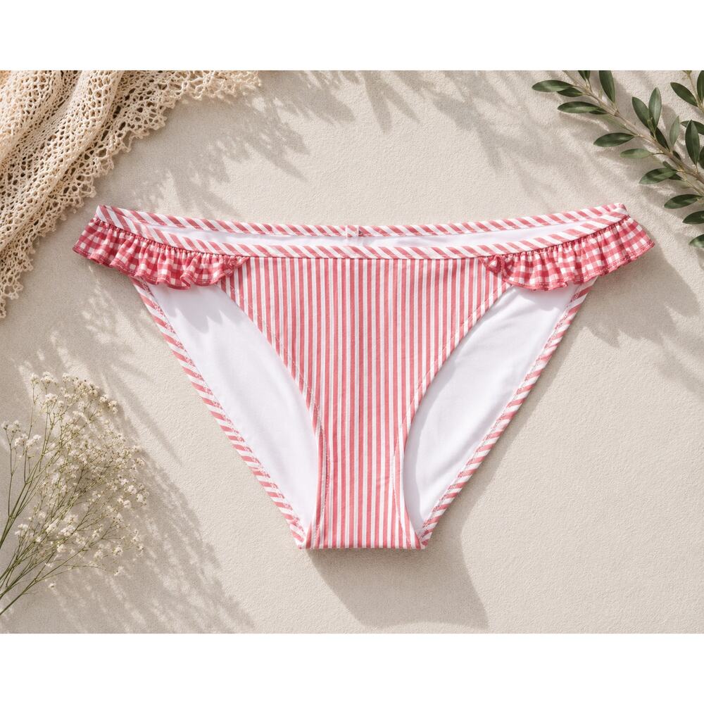 NWT Aerie Women's Seersucker Striped Ruffle Bikini Bottom Maroon Lagoon Size S